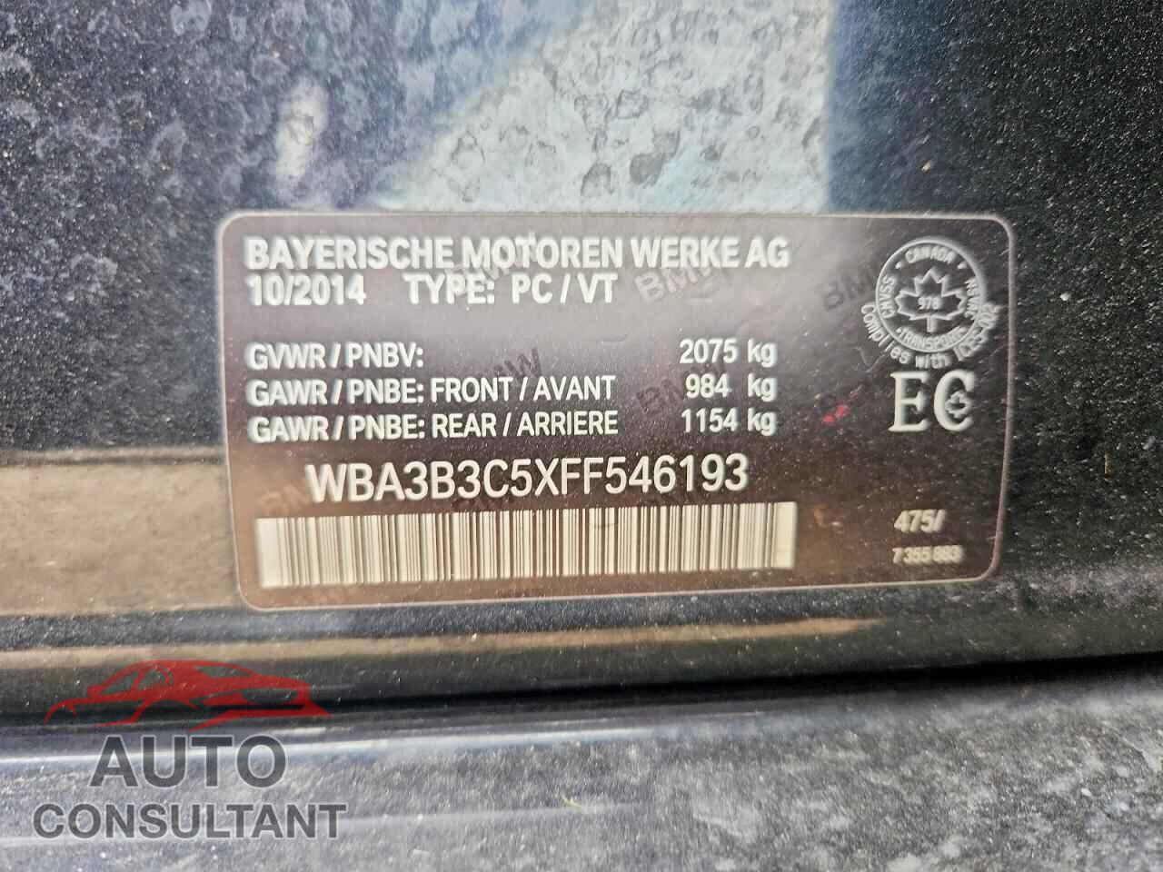 BMW 3 SERIES 2015 - WBA3B3C5XFF546193