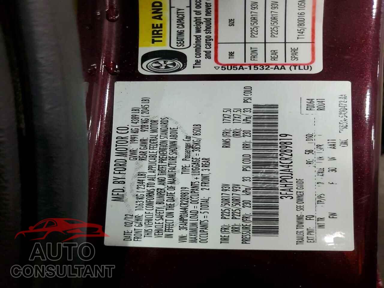 FORD FUSION 2012 - 3FAHP0JA4CR289819