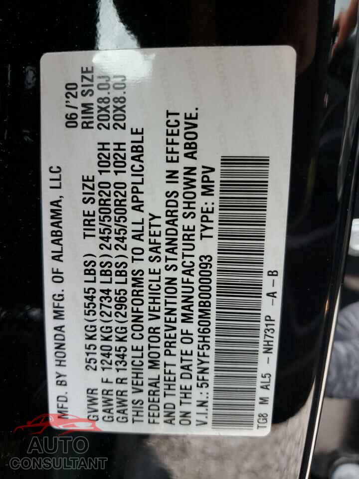 HONDA PILOT 2021 - 5FNYF5H60MB000093