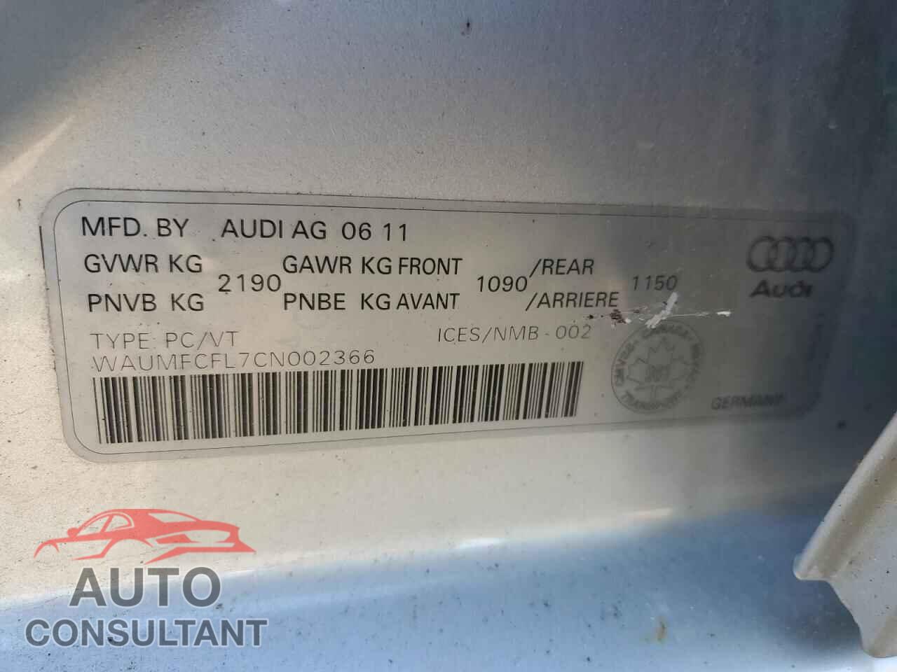 AUDI A4 2012 - WAUMFCFL7CN002366