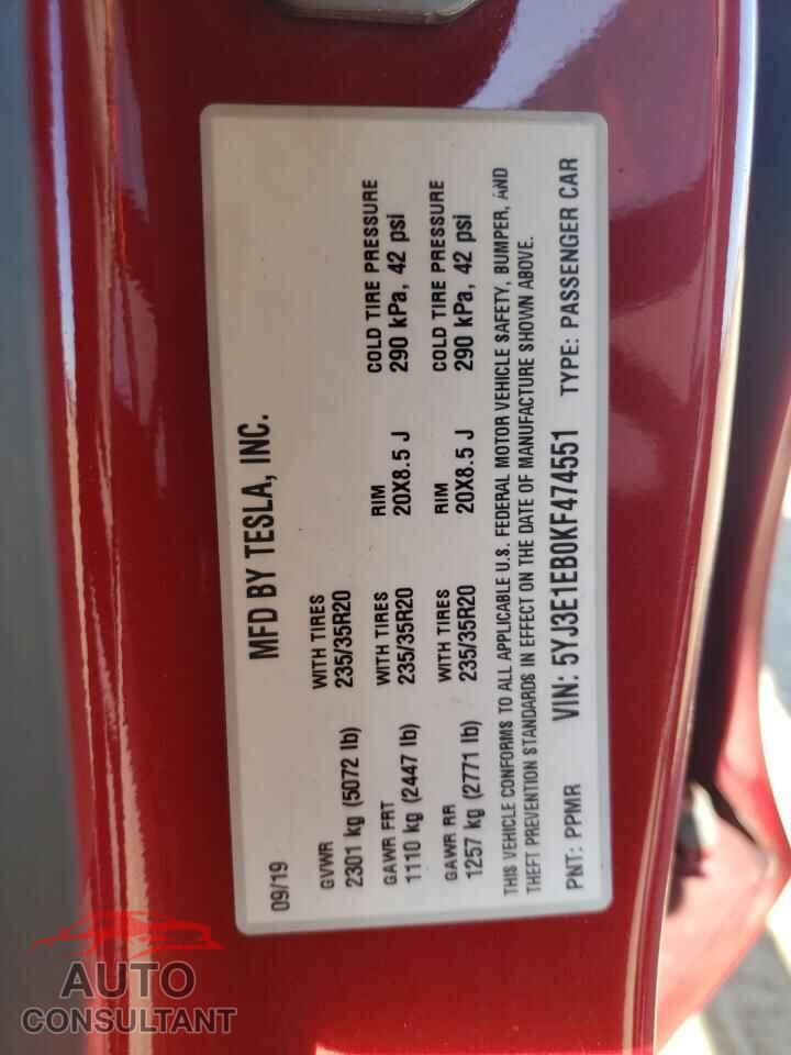TESLA MODEL 3 2019 - 5YJ3E1EB0KF474551