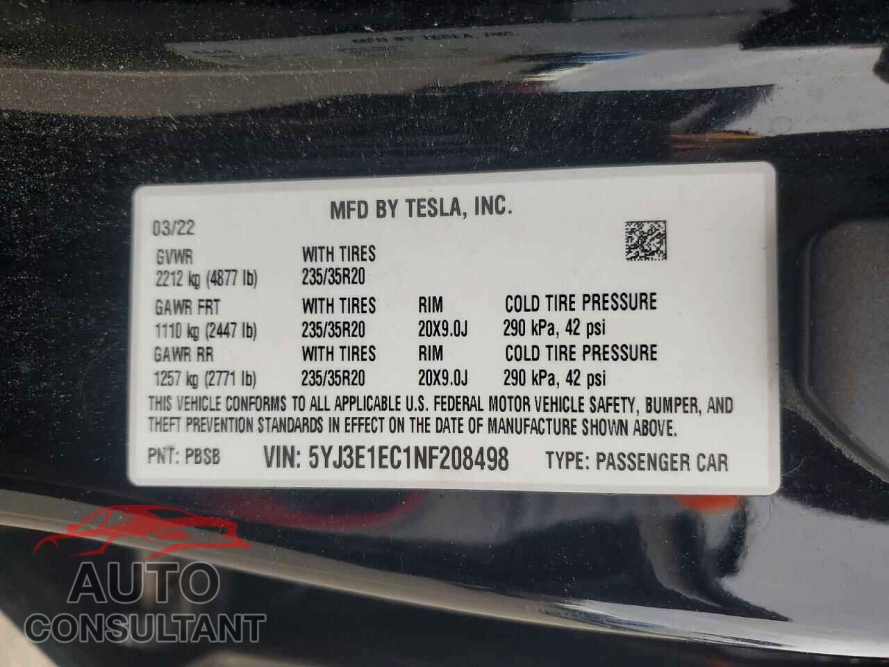TESLA MODEL 3 2022 - 5YJ3E1EC1NF208498