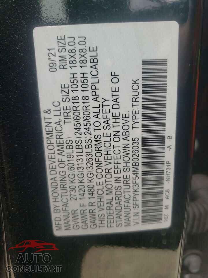 HONDA RIDGELINE 2021 - 5FPYK3F54MB026035