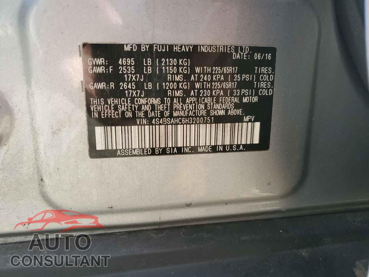 SUBARU OUTBACK 2017 - 4S4BSAHC6H3200751