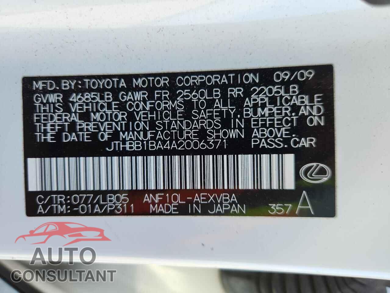 LEXUS HS 2010 - JTHBB1BA4A2006371