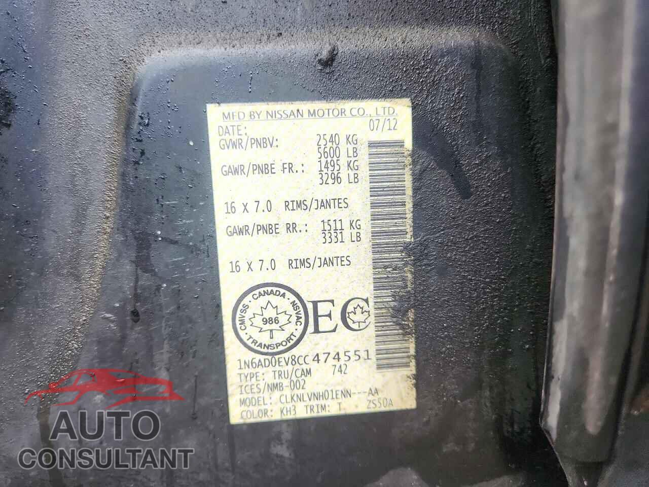 NISSAN FRONTIER 2012 - 1N6AD0EV8CC474551