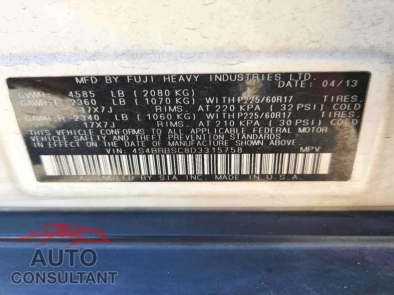 SUBARU OUTBACK 2013 - 4S4BRBSC8D3315758