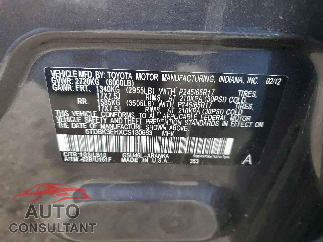 TOYOTA HIGHLANDER 2012 - 5TDBK3EHXCS130663
