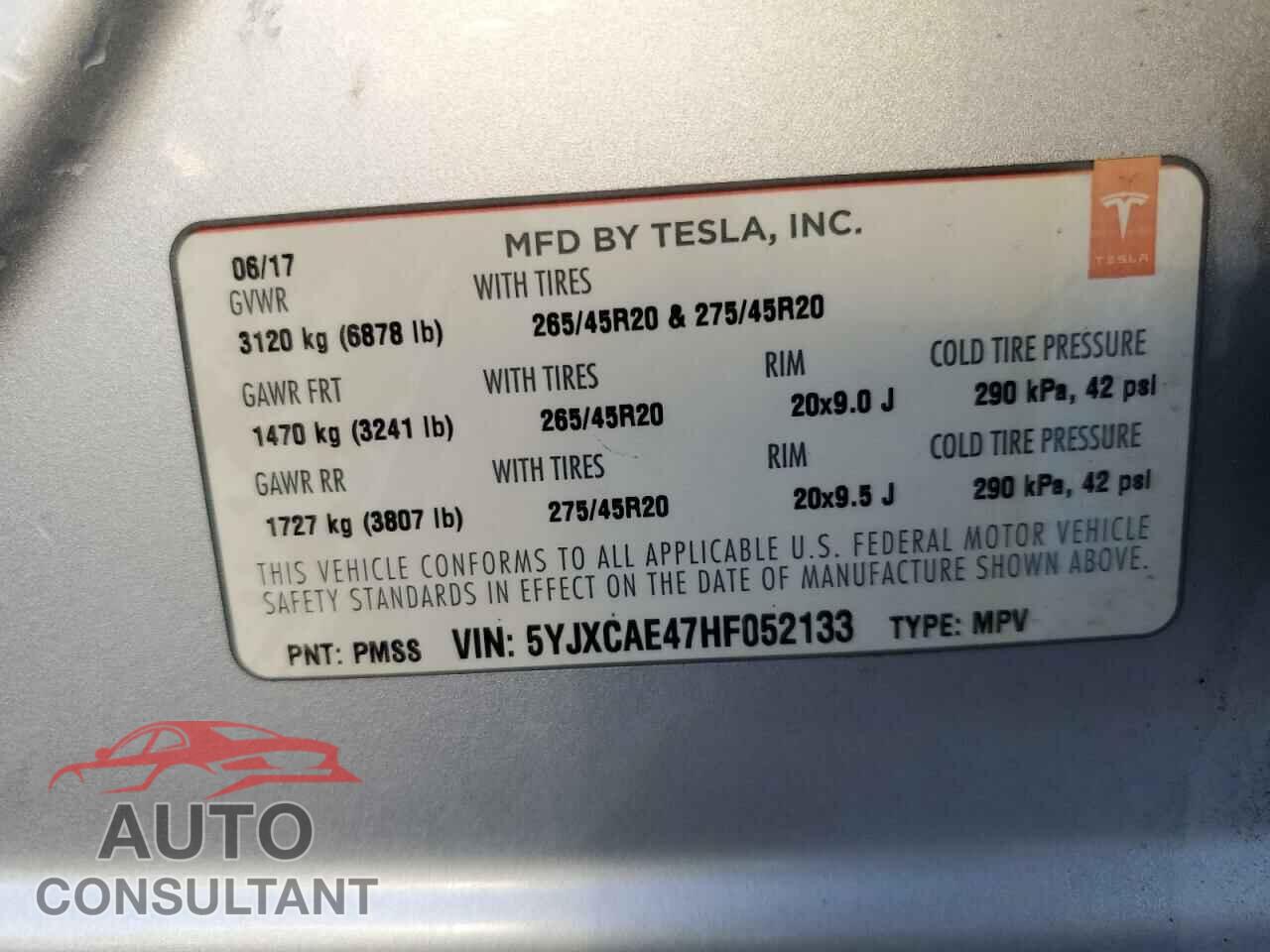 TESLA MODEL X 2017 - 5YJXCAE47HF052133