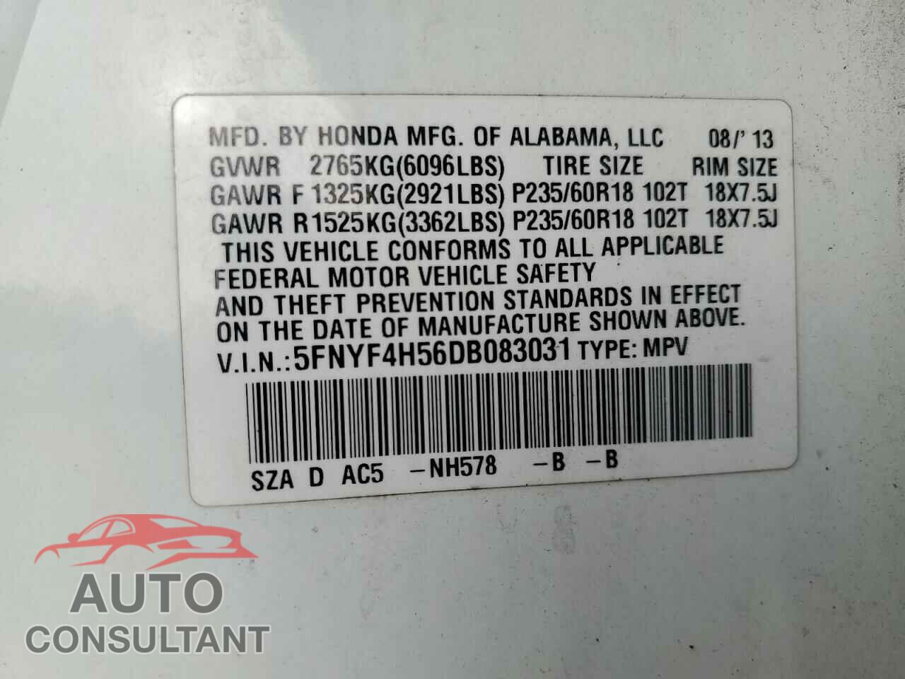 HONDA PILOT 2013 - 5FNYF4H56DB083031