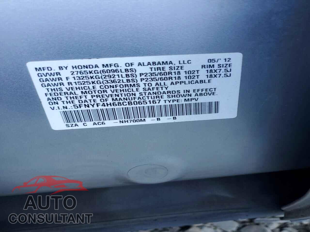 HONDA PILOT 2012 - 5FNYF4H68CB065167