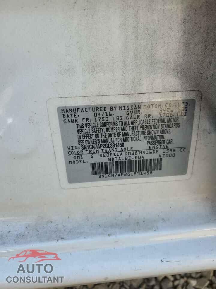 NISSAN VERSA 2016 - 3N1CN7AP2GL891458