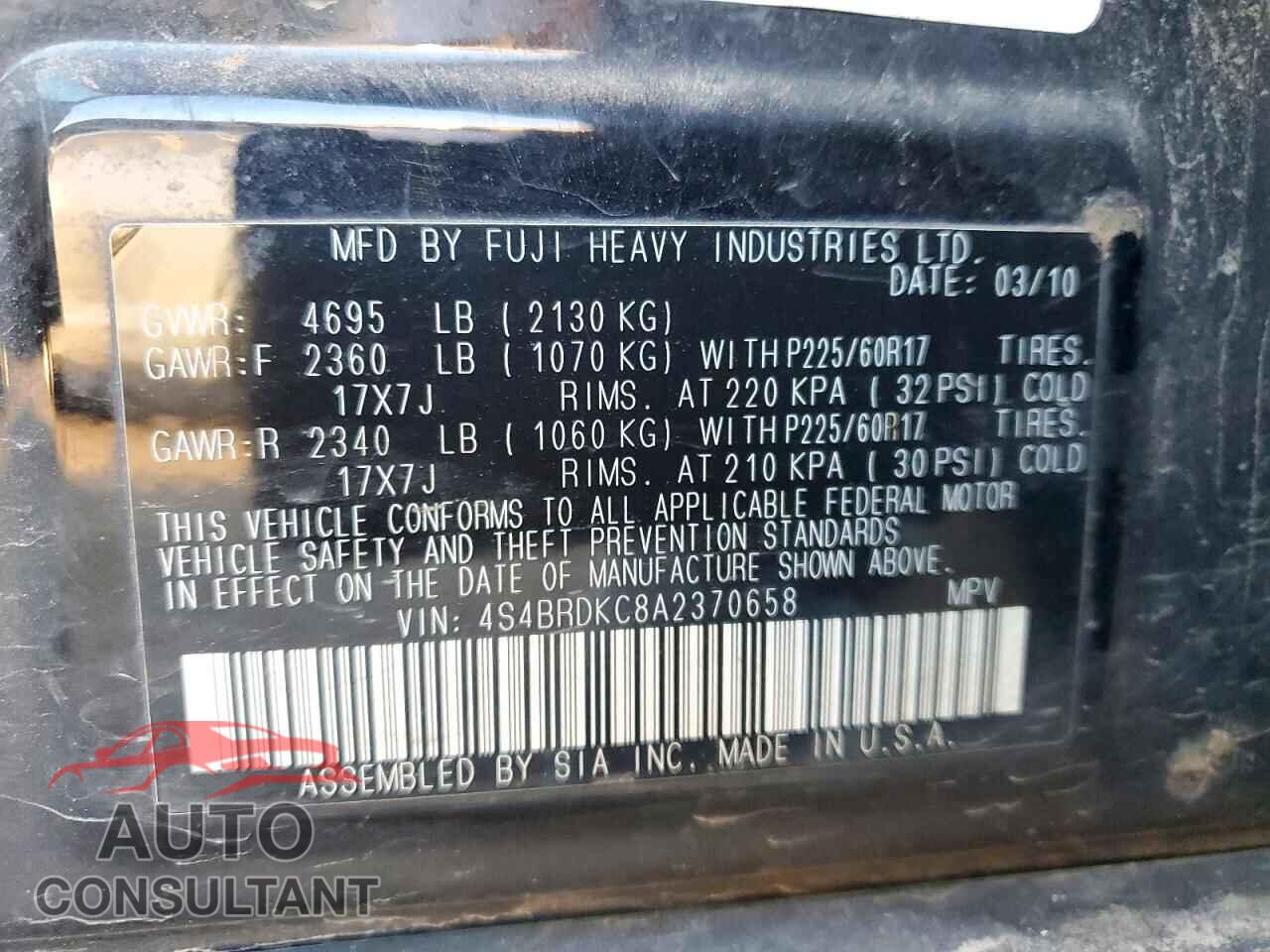 SUBARU OUTBACK 2010 - 4S4BRDKC8A2370658
