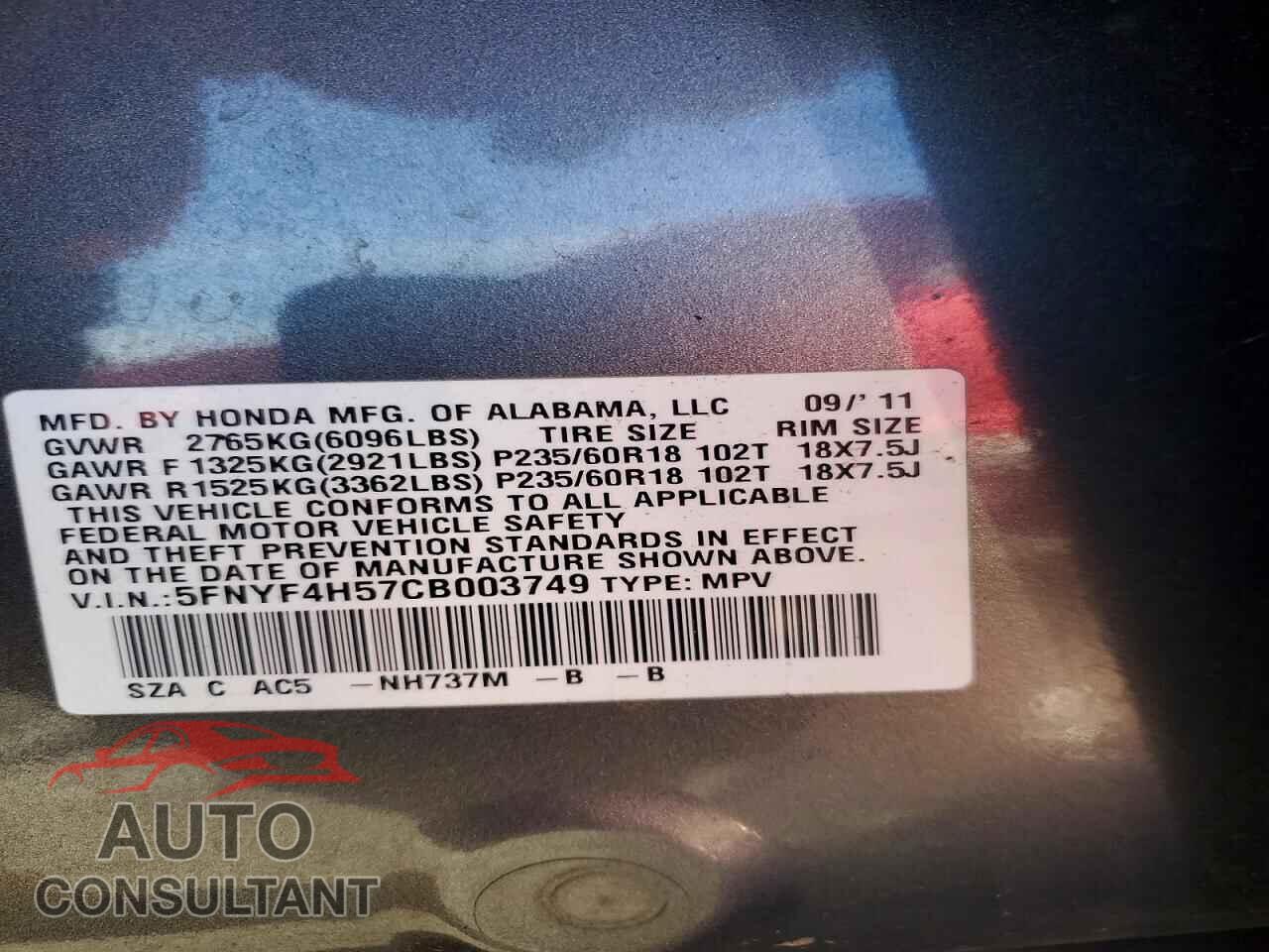 HONDA PILOT 2012 - 5FNYF4H57CB003749