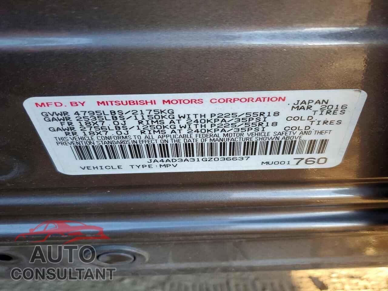 MITSUBISHI OUTLANDER 2016 - JA4AD3A31GZ036637