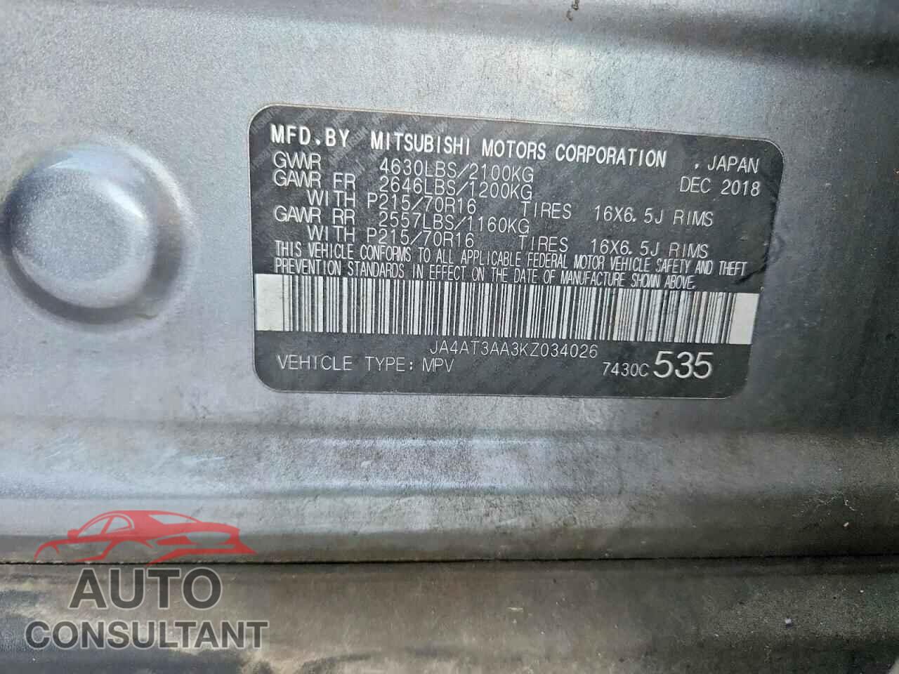 MITSUBISHI ECLIPSE 2019 - JA4AT3AA3KZ034026