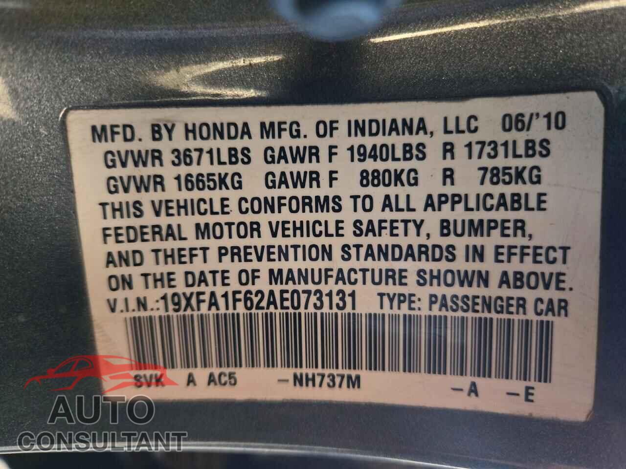 HONDA CIVIC 2010 - 19XFA1F62AE073131
