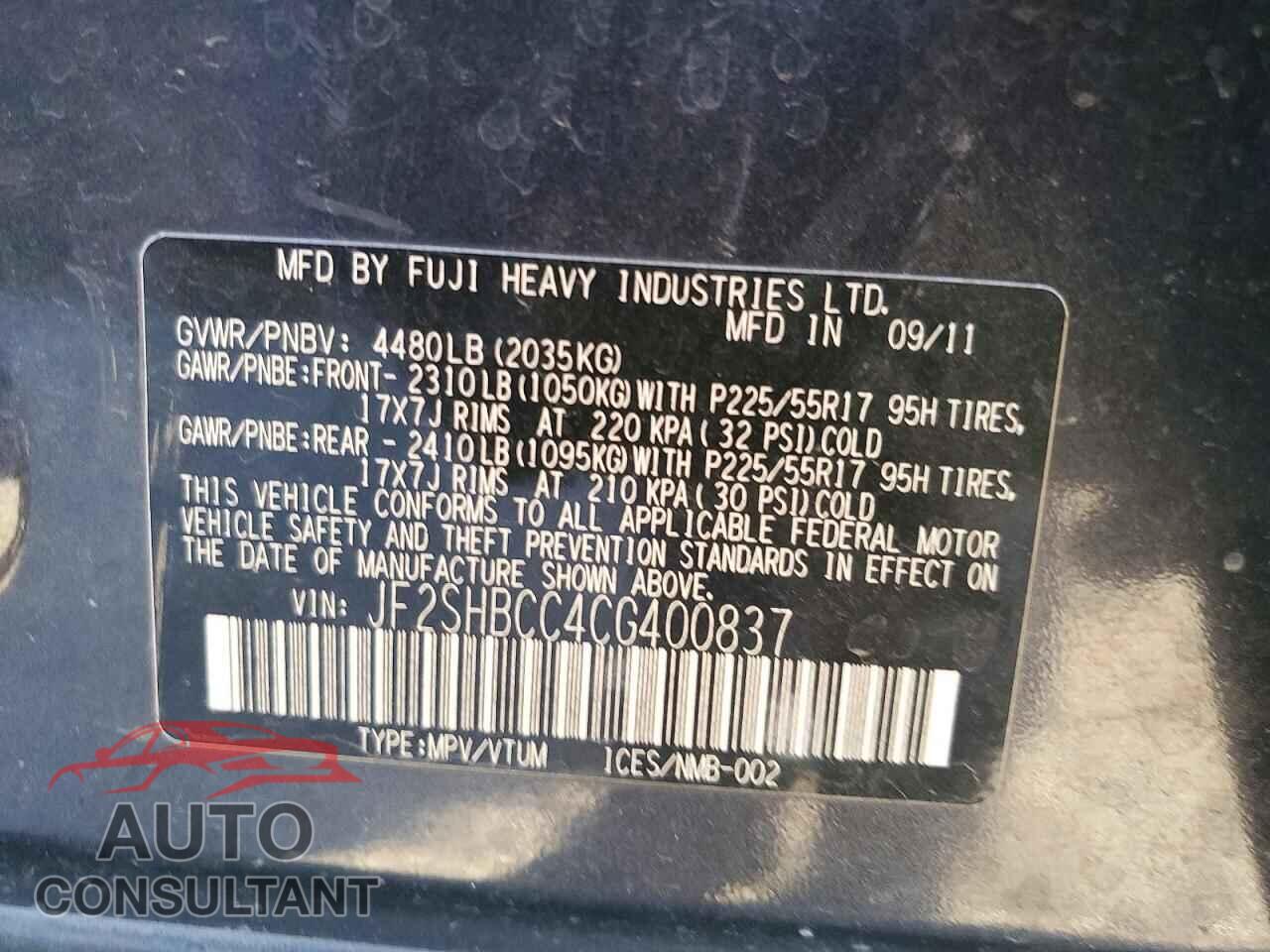 SUBARU FORESTER 2012 - JF2SHBCC4CG400837