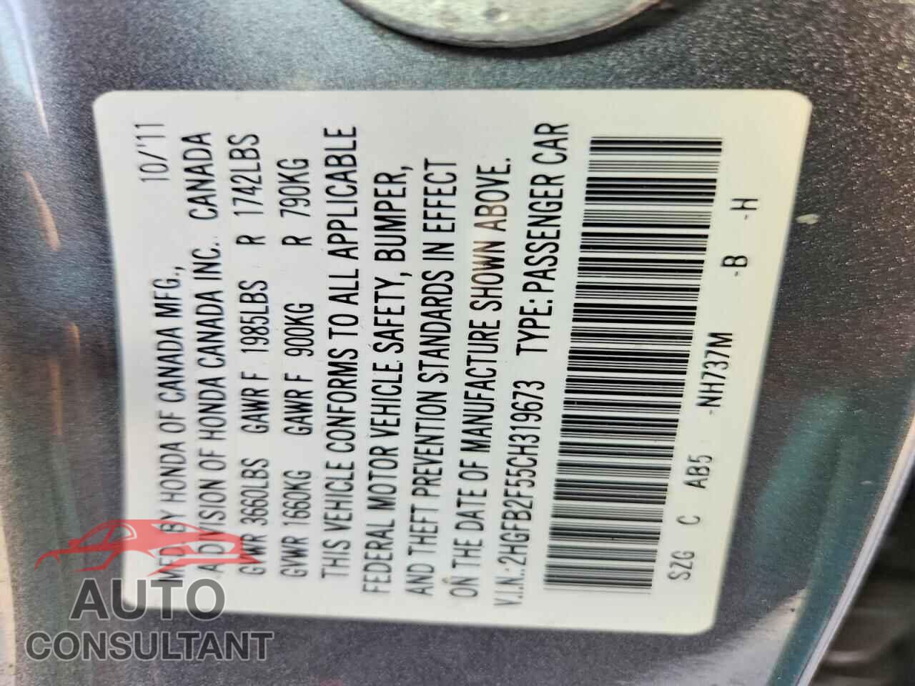 HONDA CIVIC 2012 - 2HGFB2F55CH319673
