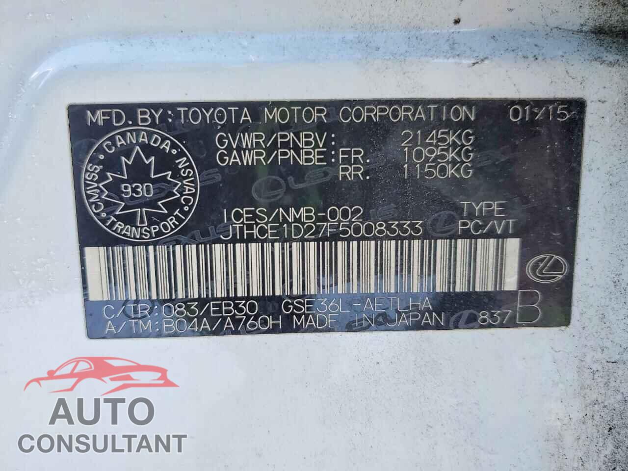 LEXUS IS 2015 - JTHCE1D27F5008333