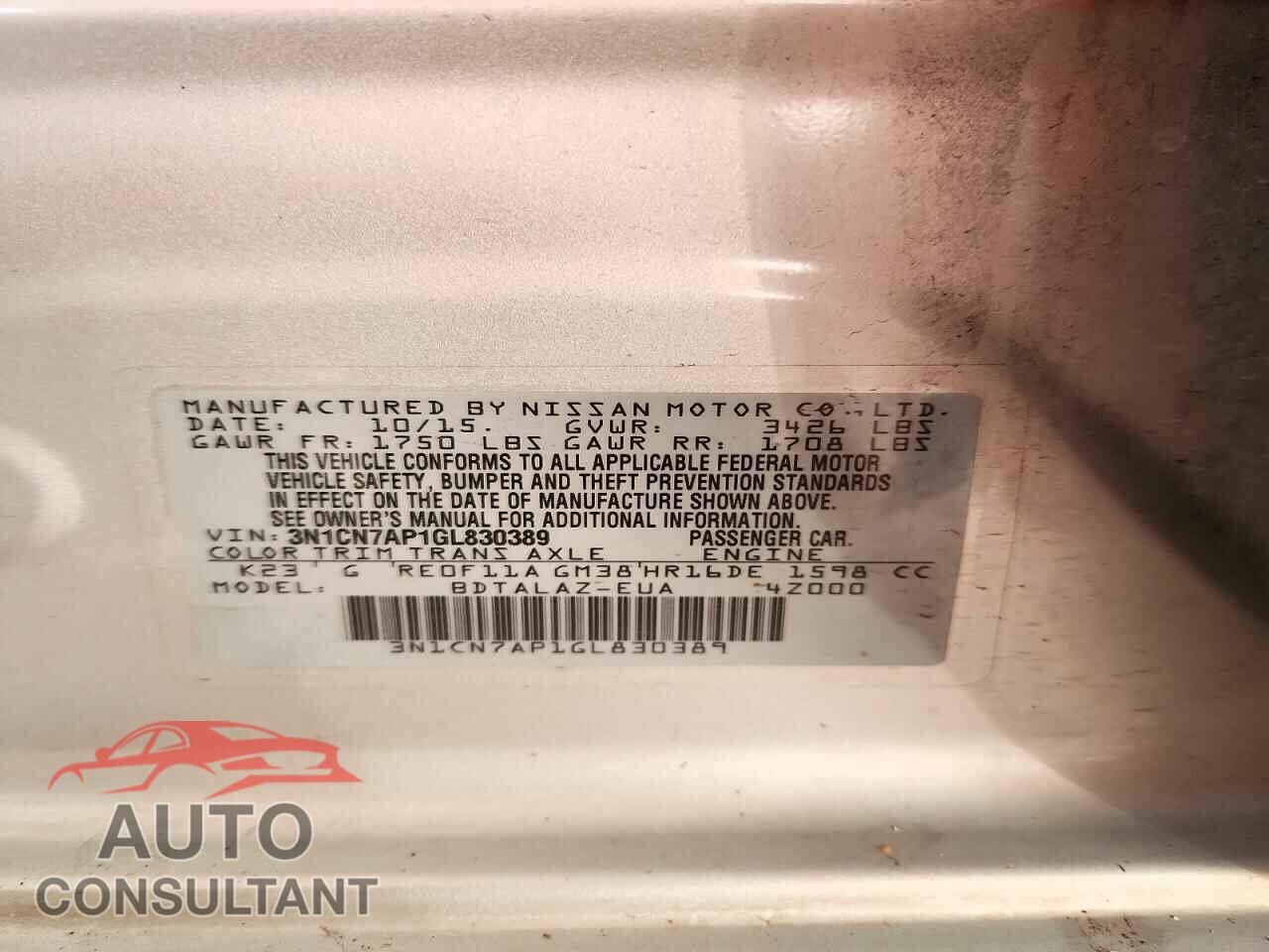 NISSAN VERSA 2016 - 3N1CN7AP1GL830389