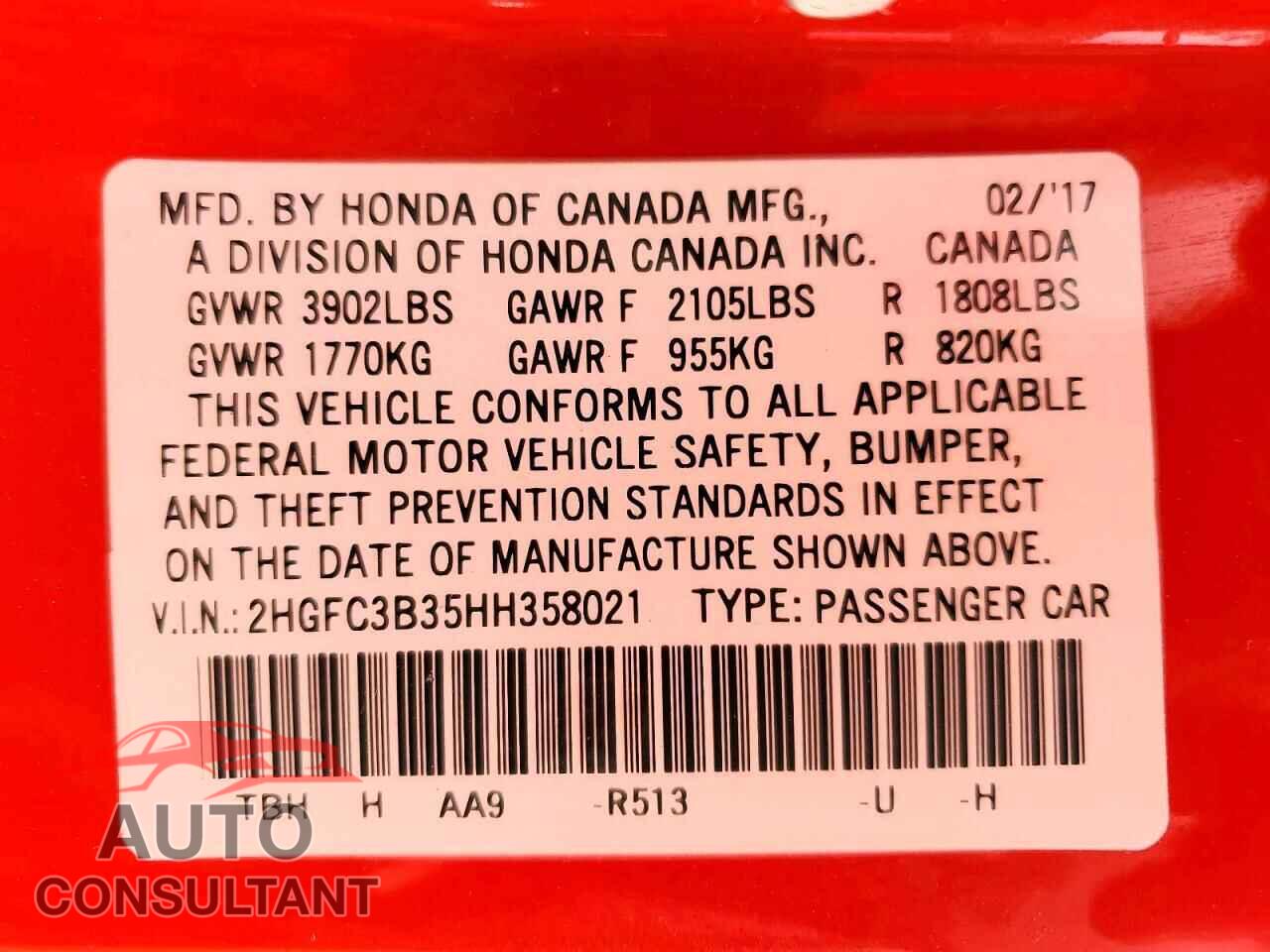 HONDA CIVIC 2017 - 2HGFC3B35HH358021