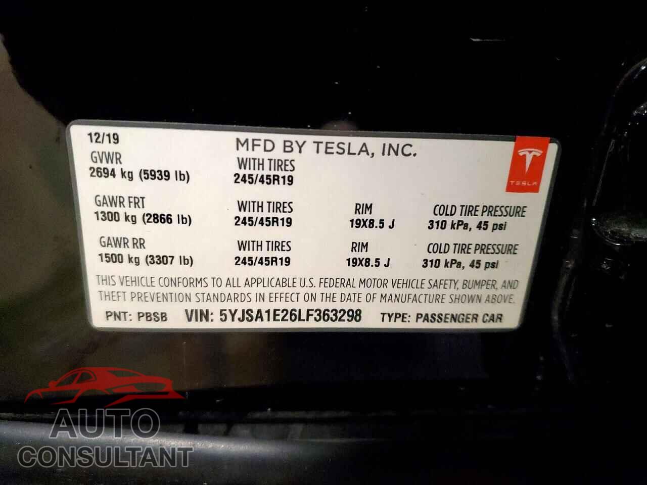 TESLA MODEL S 2020 - 5YJSA1E26LF363298