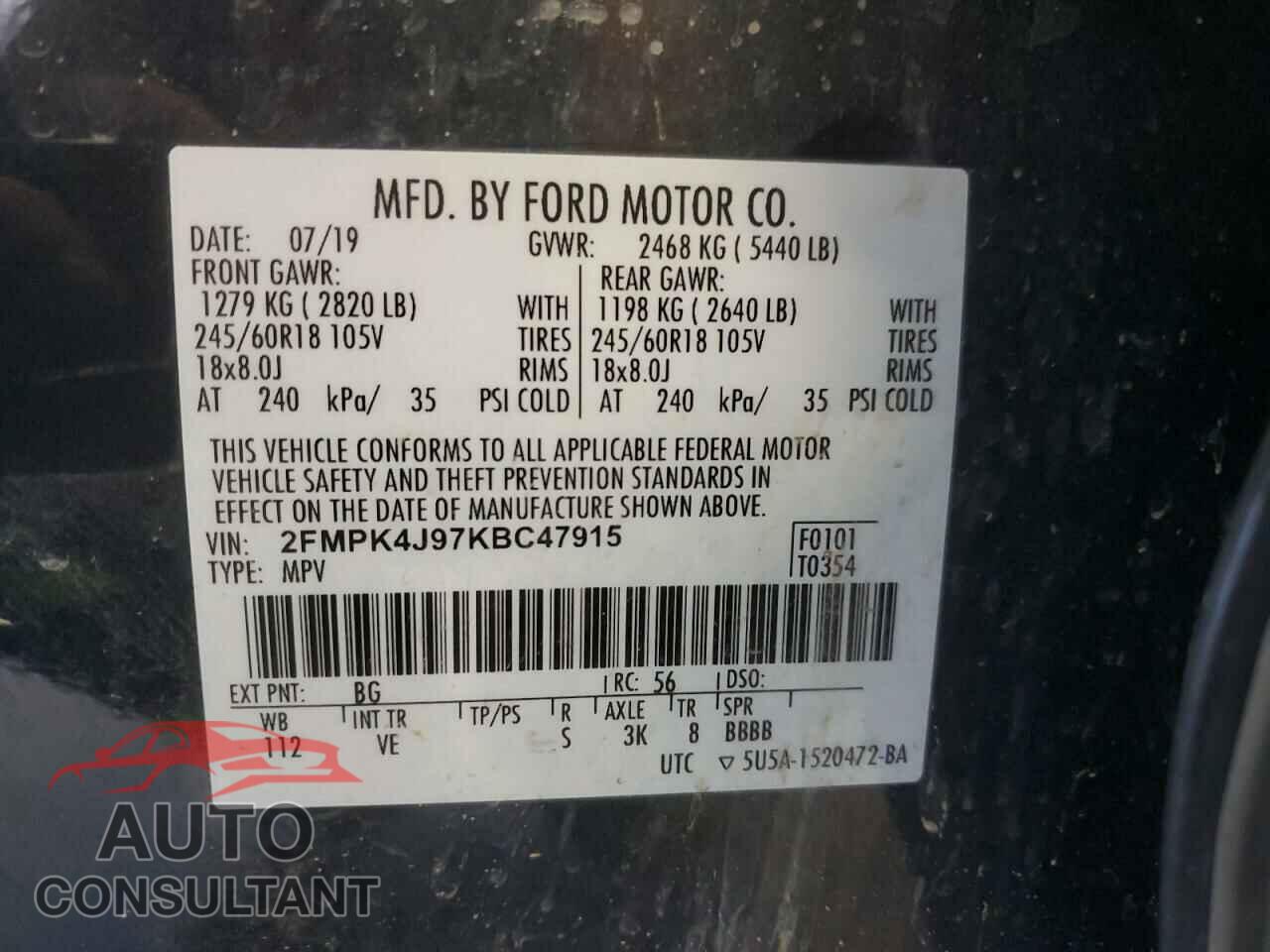 FORD EDGE 2019 - 2FMPK4J97KBC47915