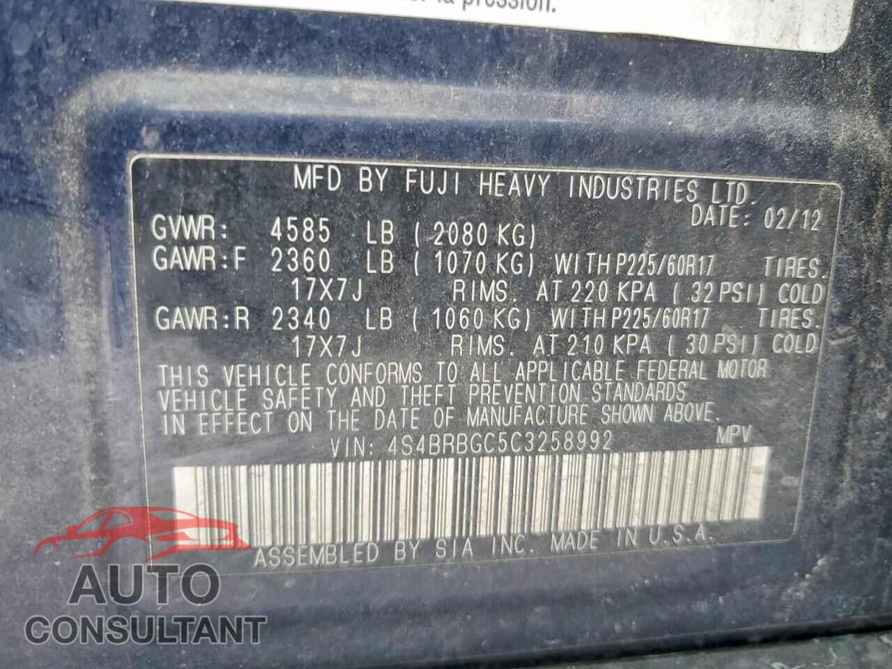 SUBARU OUTBACK 2012 - 4S4BRBGC5C3258992