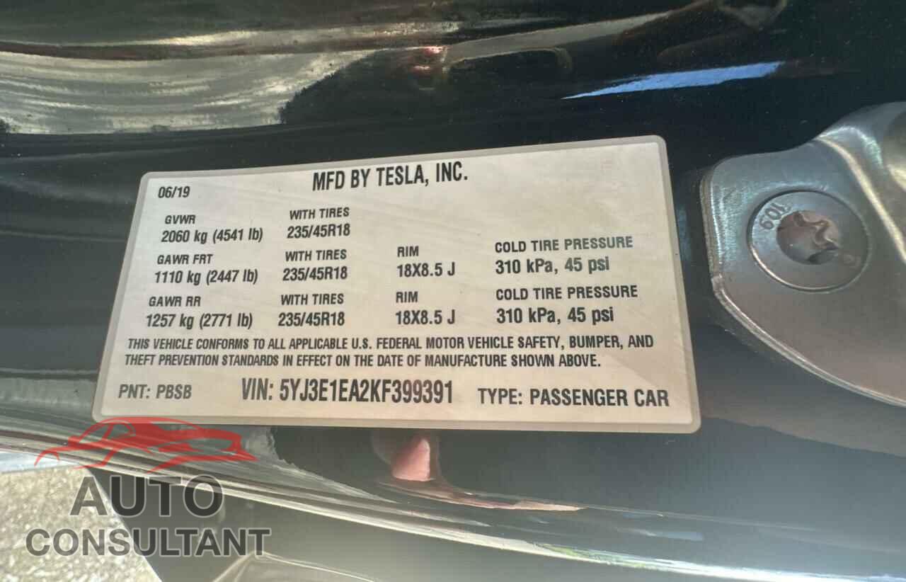 TESLA MODEL 3 2019 - 5YJ3E1EA2KF399391