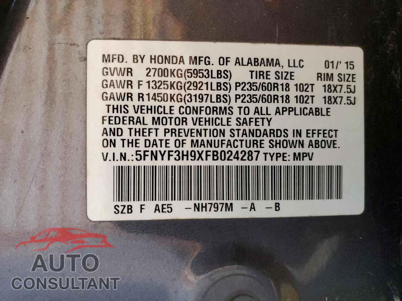 HONDA PILOT 2015 - 5FNYF3H9XFB024287