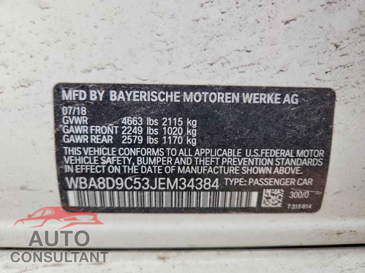 BMW 3 SERIES 2018 - WBA8D9C53JEM34384