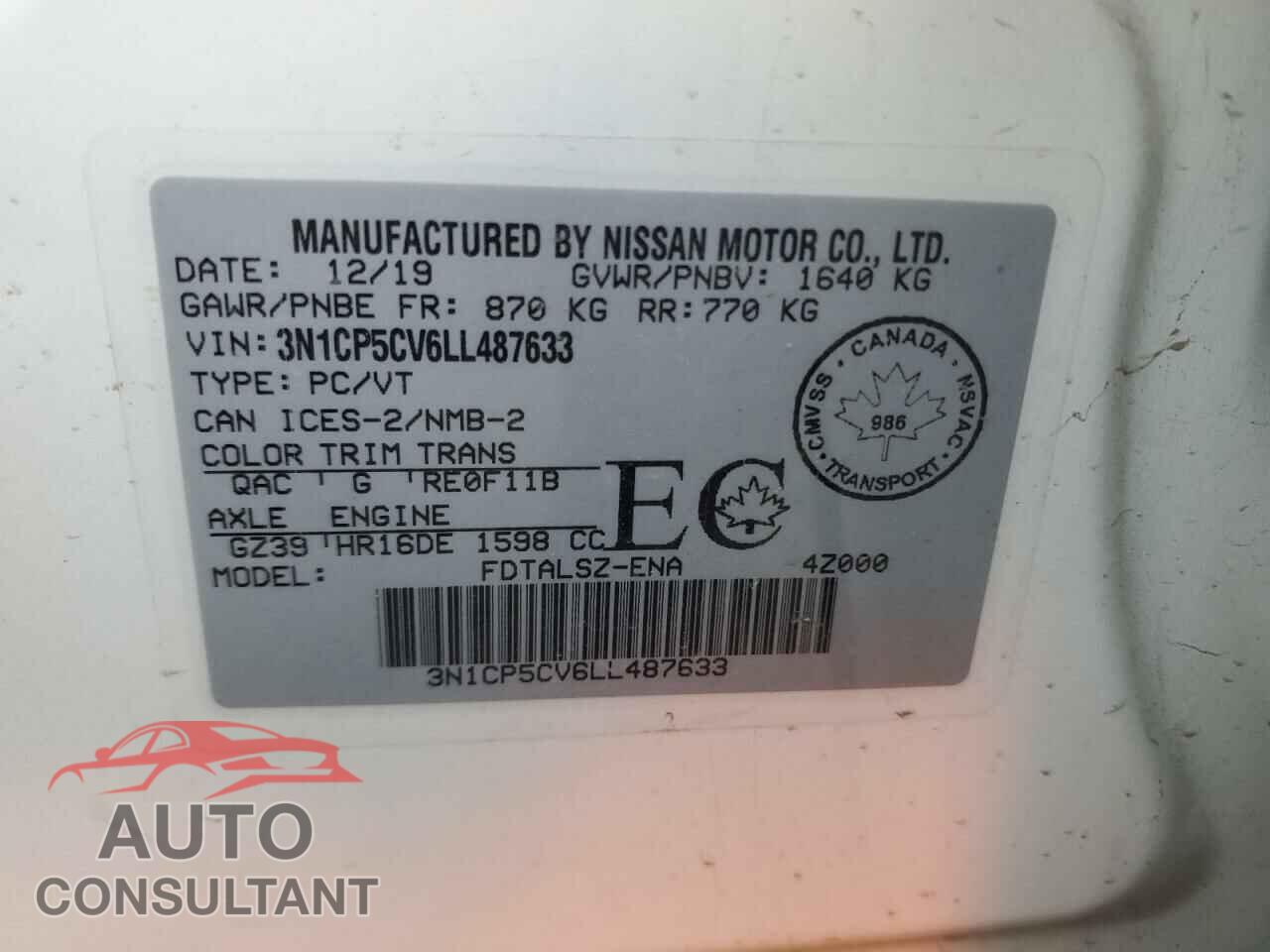 NISSAN KICKS 2020 - 3N1CP5CV6LL487633
