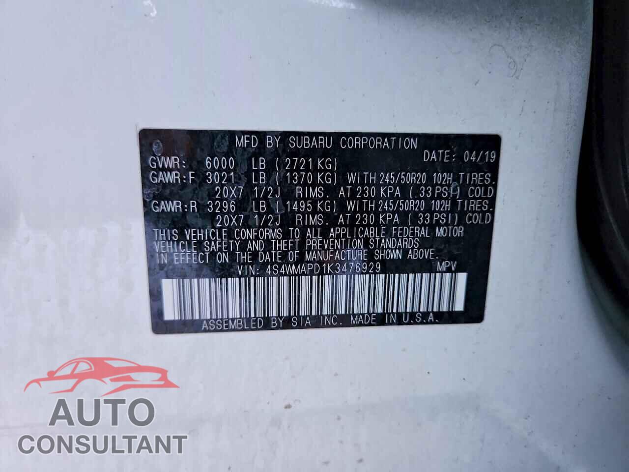 SUBARU ASCENT 2019 - 4S4WMAPD1K3476929