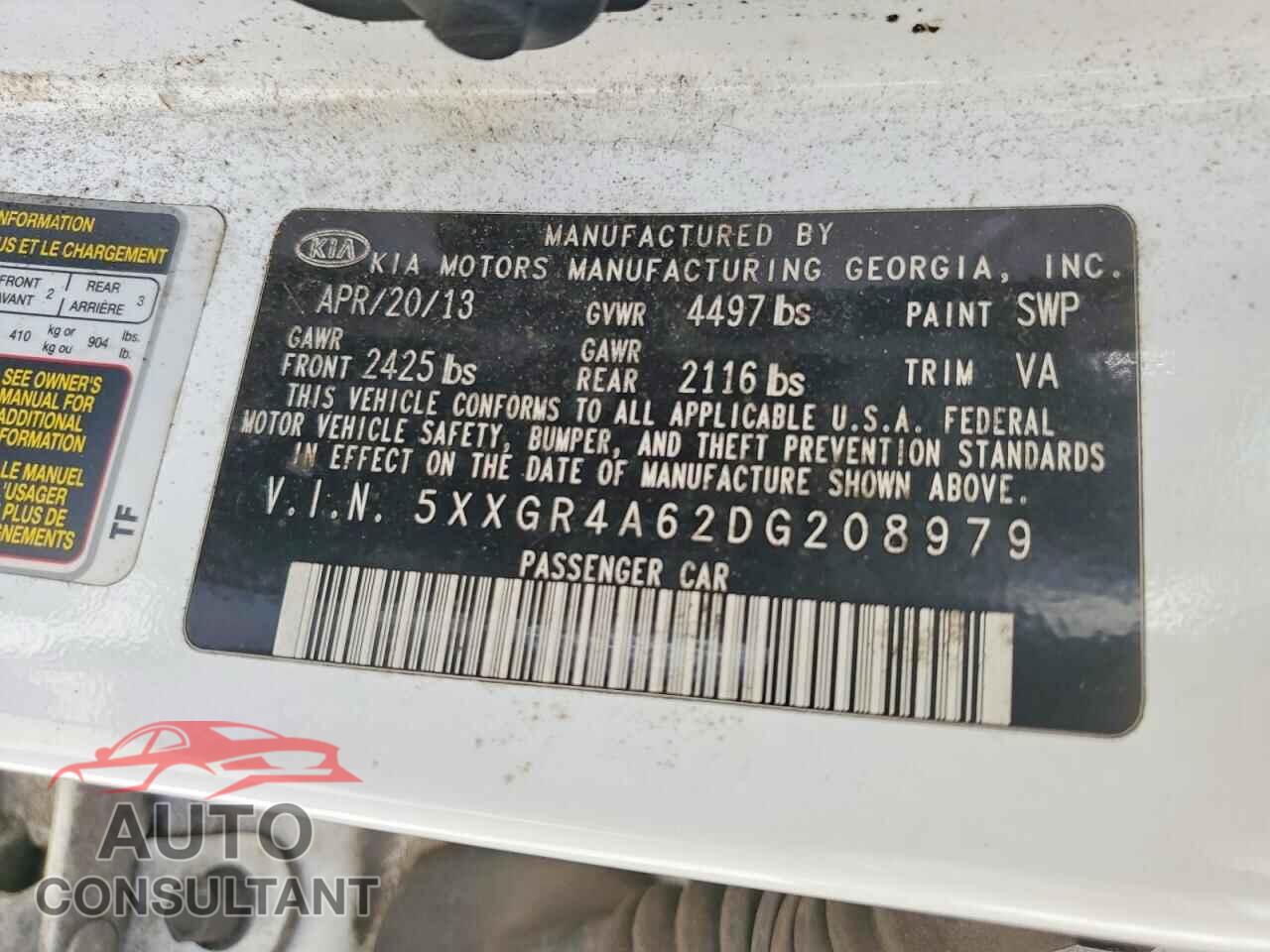 KIA OPTIMA 2013 - 5XXGR4A62DG208979