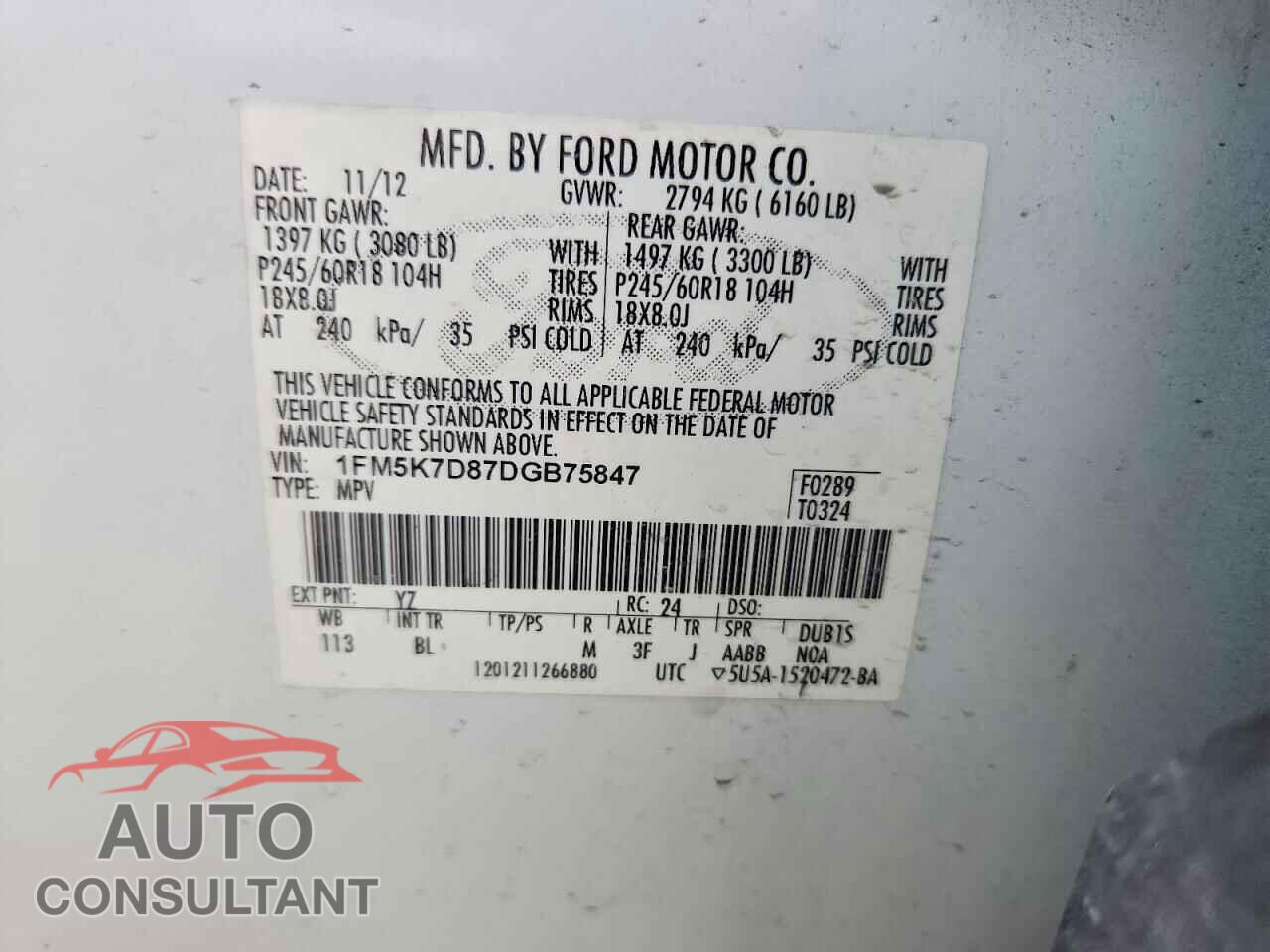 FORD EXPLORER 2013 - 1FM5K7D87DGB75847