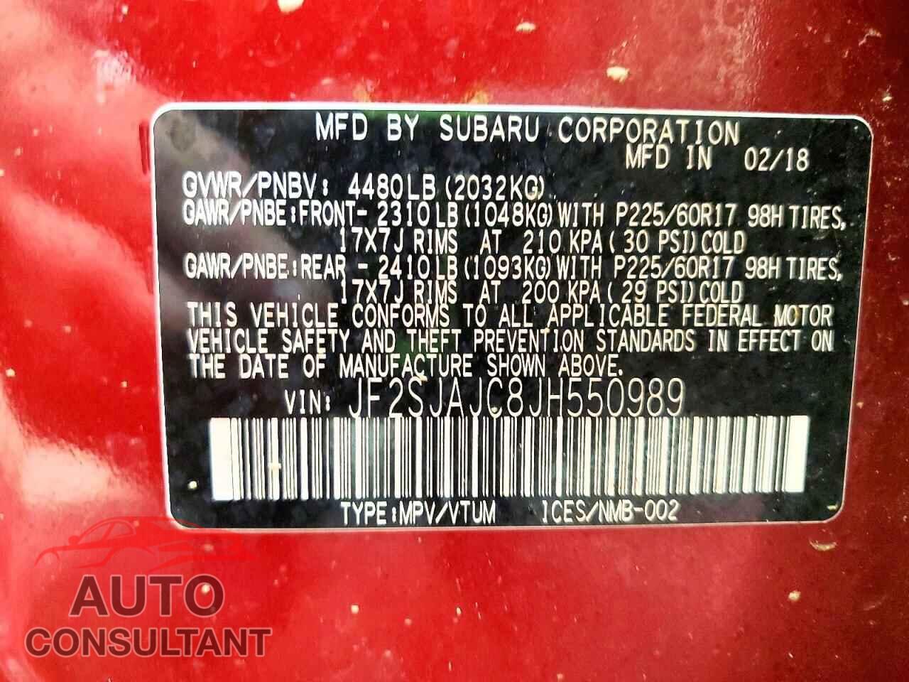 SUBARU FORESTER 2018 - JF2SJAJC8JH550989