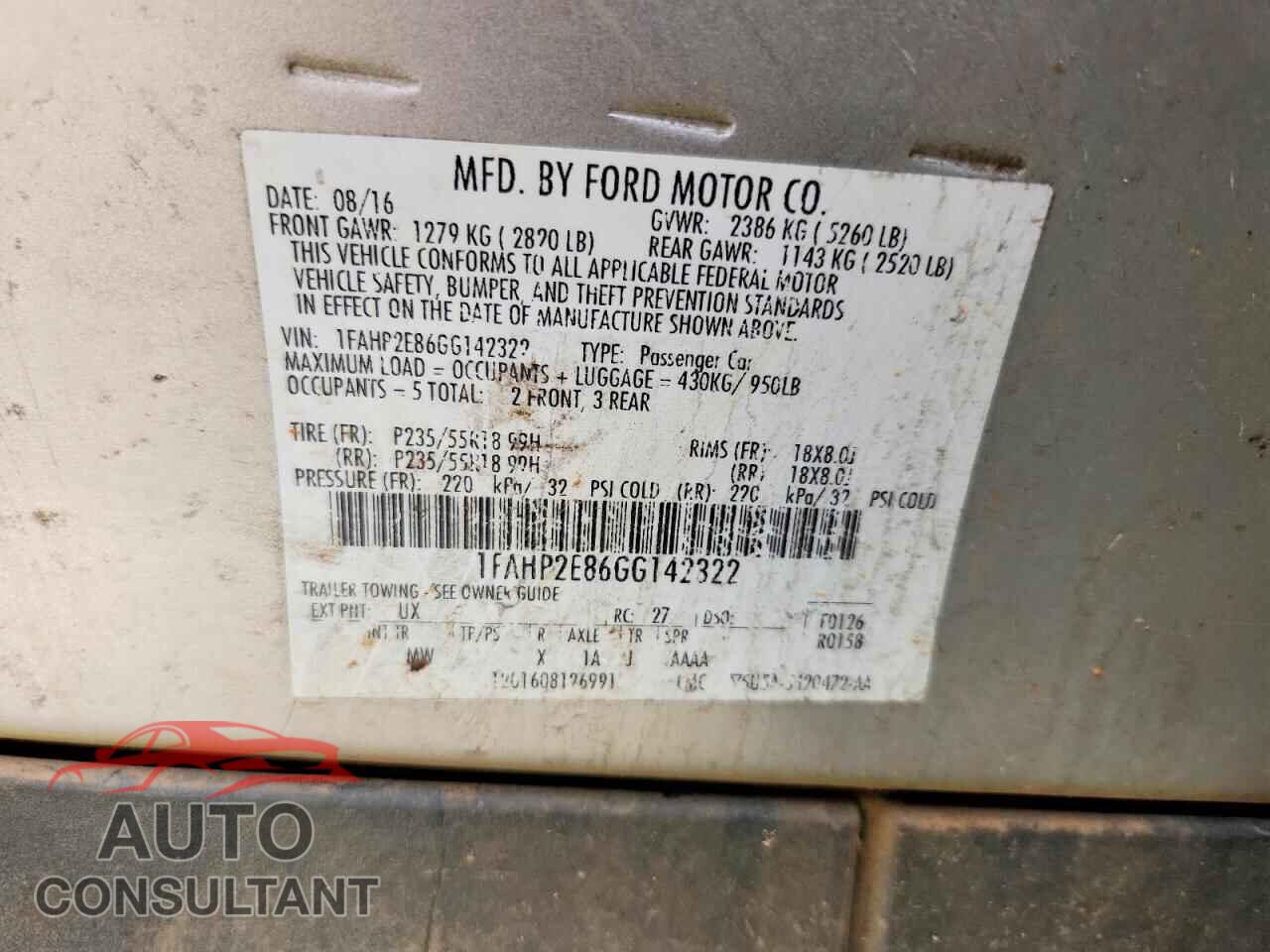FORD TAURUS 2016 - 1FAHP2E86GG142322