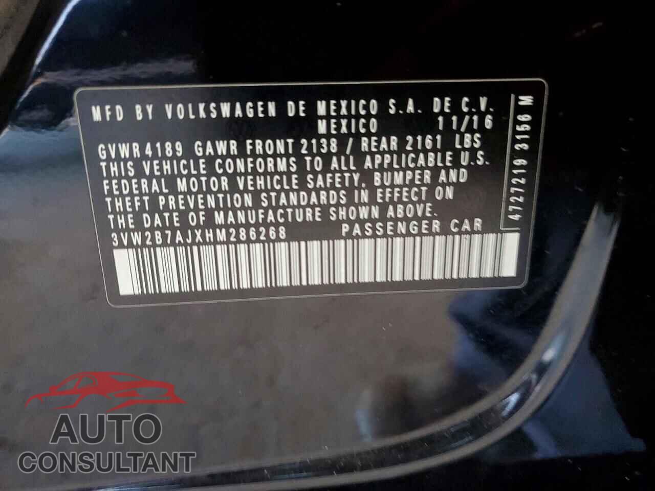 VOLKSWAGEN JETTA 2017 - 3VW2B7AJXHM286268