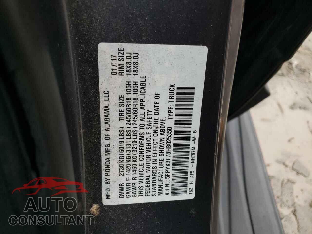 HONDA RIDGELINE 2017 - 5FPYK3F78HB025350
