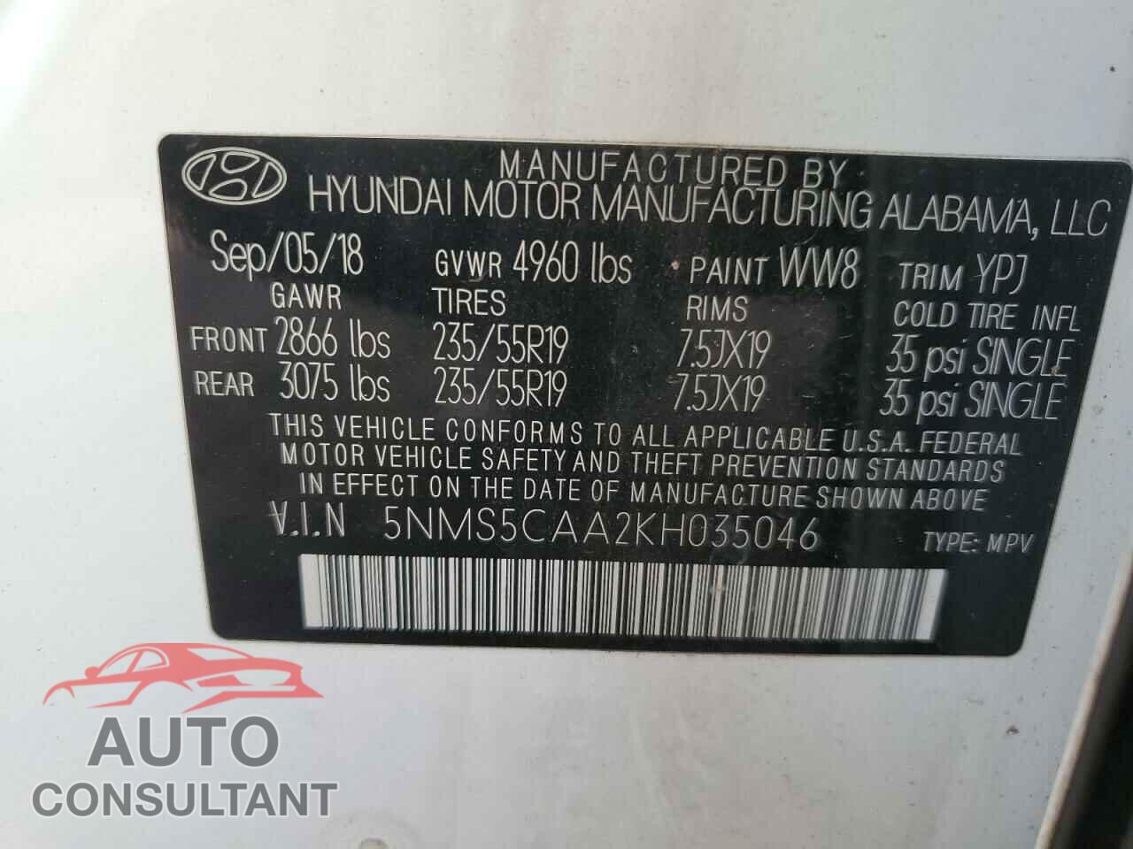HYUNDAI SANTA FE 2019 - 5NMS5CAA2KH035046