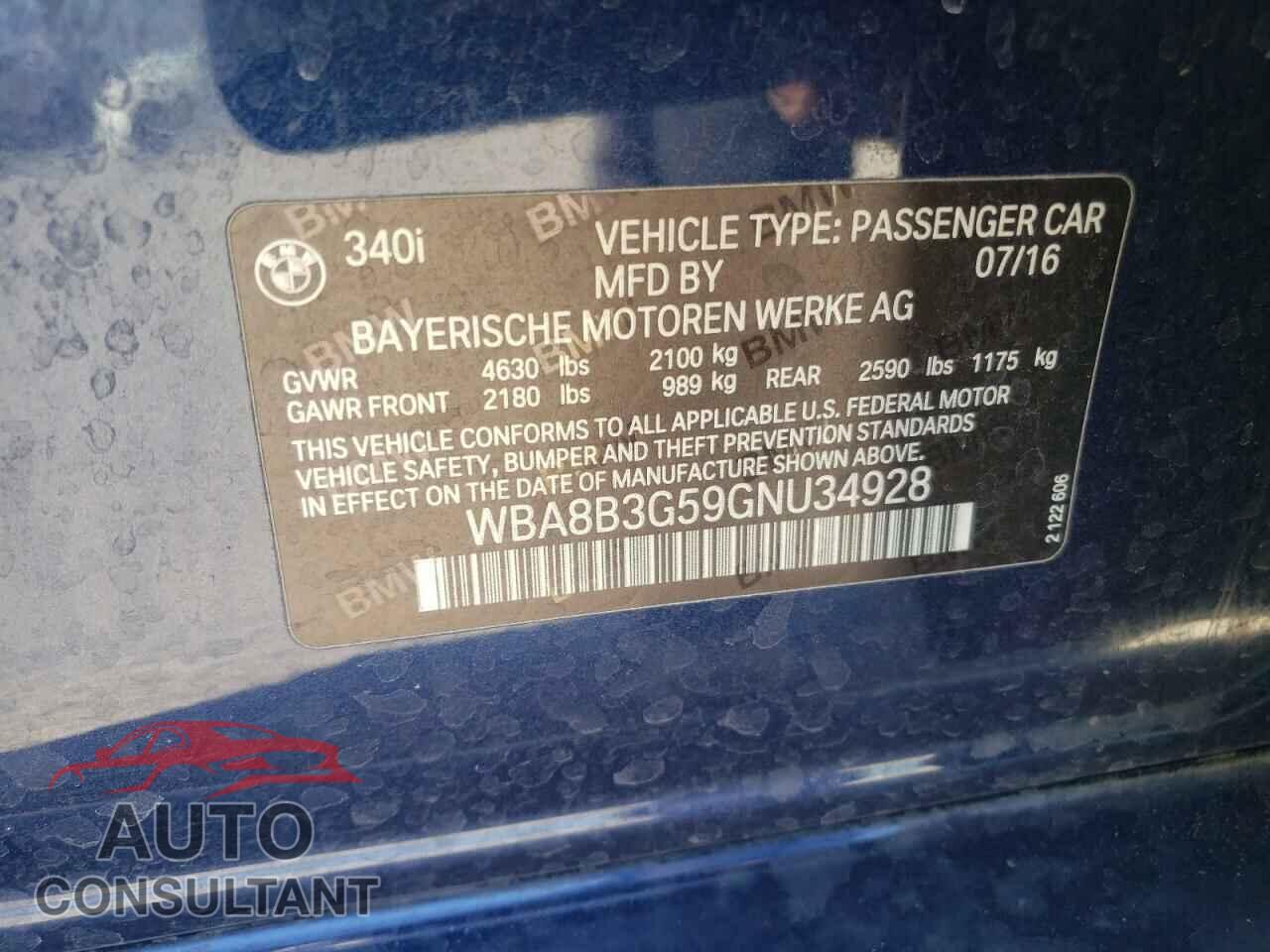 BMW 3 SERIES 2016 - WBA8B3G59GNU34928