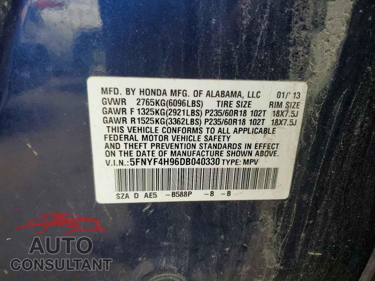 HONDA PILOT 2013 - 5FNYF4H96DB040330