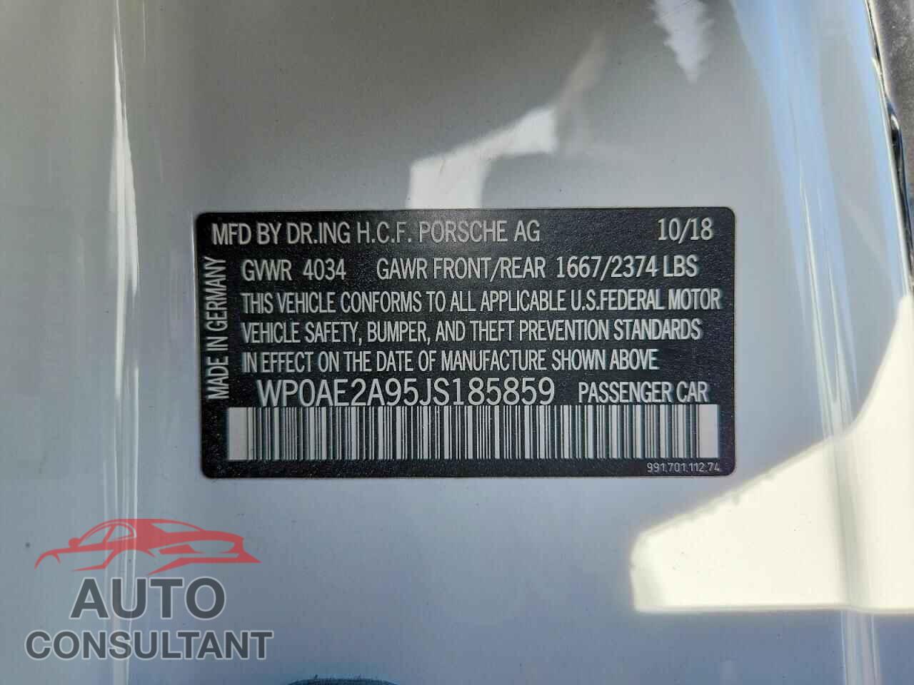 PORSCHE 911 2018 - WP0AE2A95JS185859