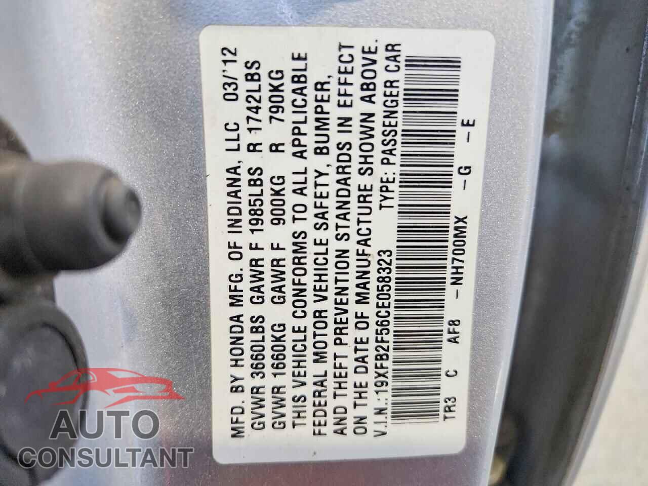 HONDA CIVIC 2012 - 19XFB2F56CE058323