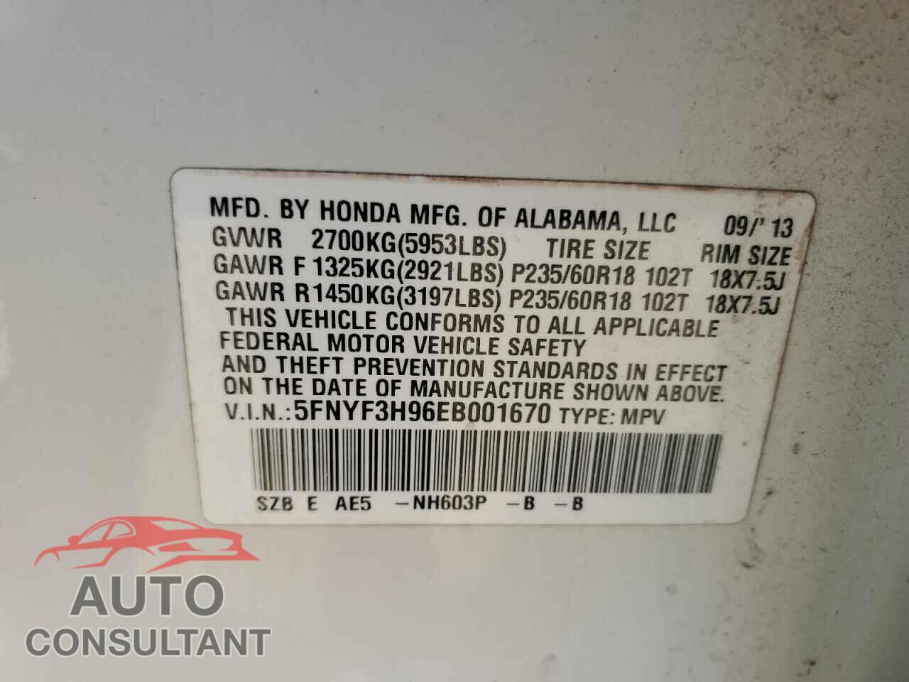 HONDA PILOT 2014 - 5FNYF3H96EB001670