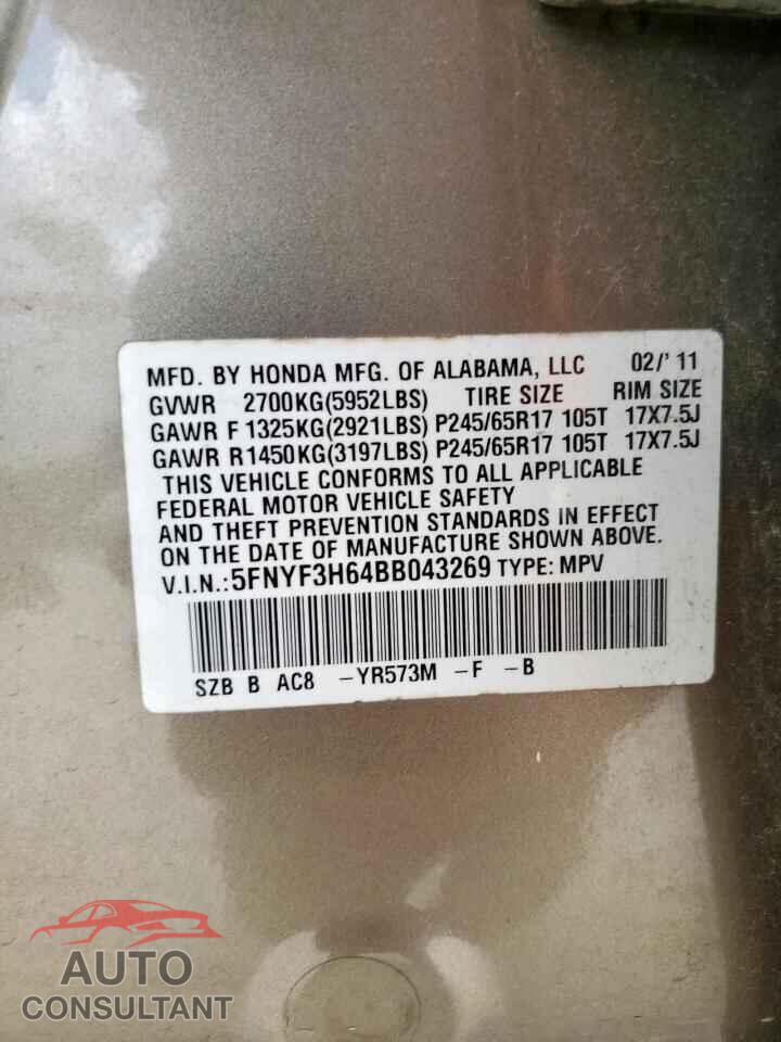 HONDA PILOT 2011 - 5FNYF3H64BB043269