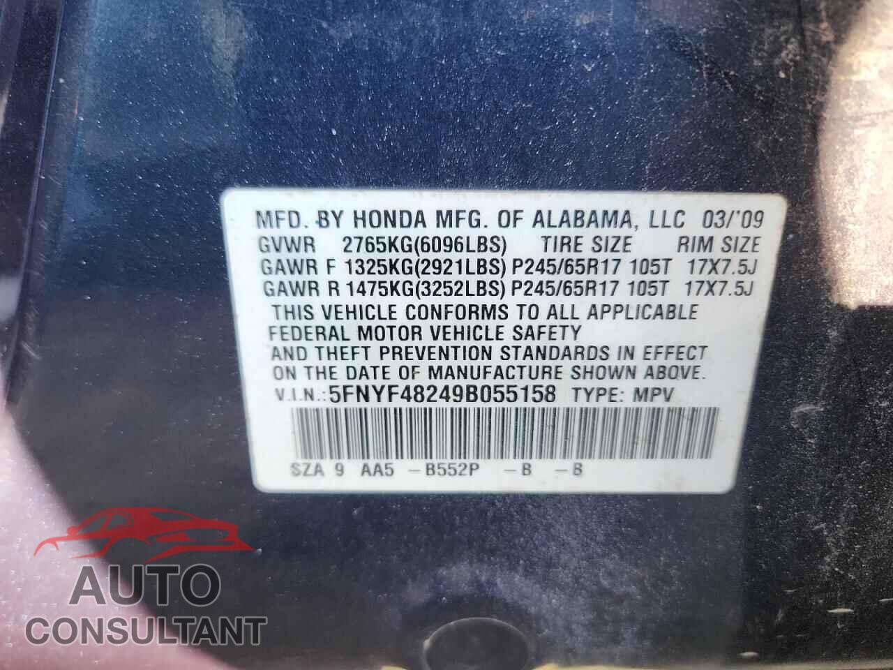 HONDA PILOT 2009 - 5FNYF48249B055158