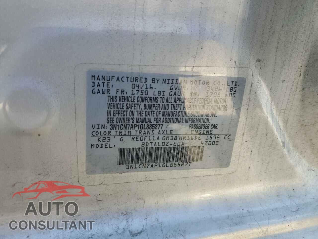 NISSAN VERSA 2016 - 3N1CN7AP1GL885277