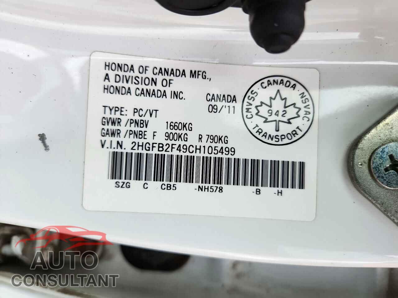 HONDA CIVIC 2012 - 2HGFB2F49CH105499